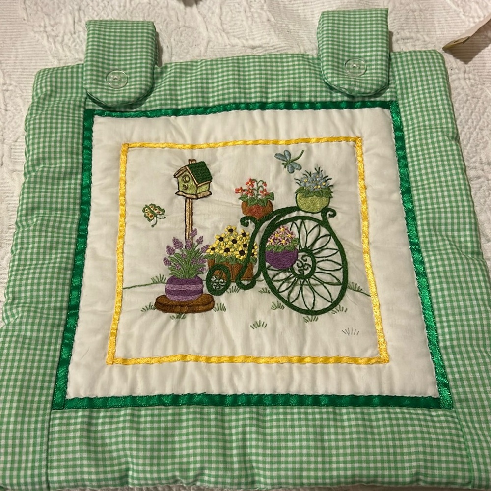 Handmade Crewel Embroidery spring is in the air, bicycle birdhouse  Flowers